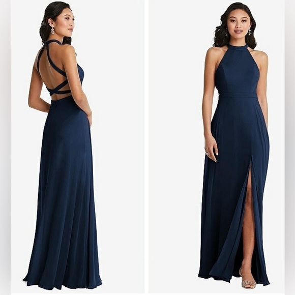 Dessy Collection Dresses & Skirts - DESSY STAND COLLAR HALTER MAXI DRESS WITH CRISS CROSS OPEN-BACK IN MIDNIGHT